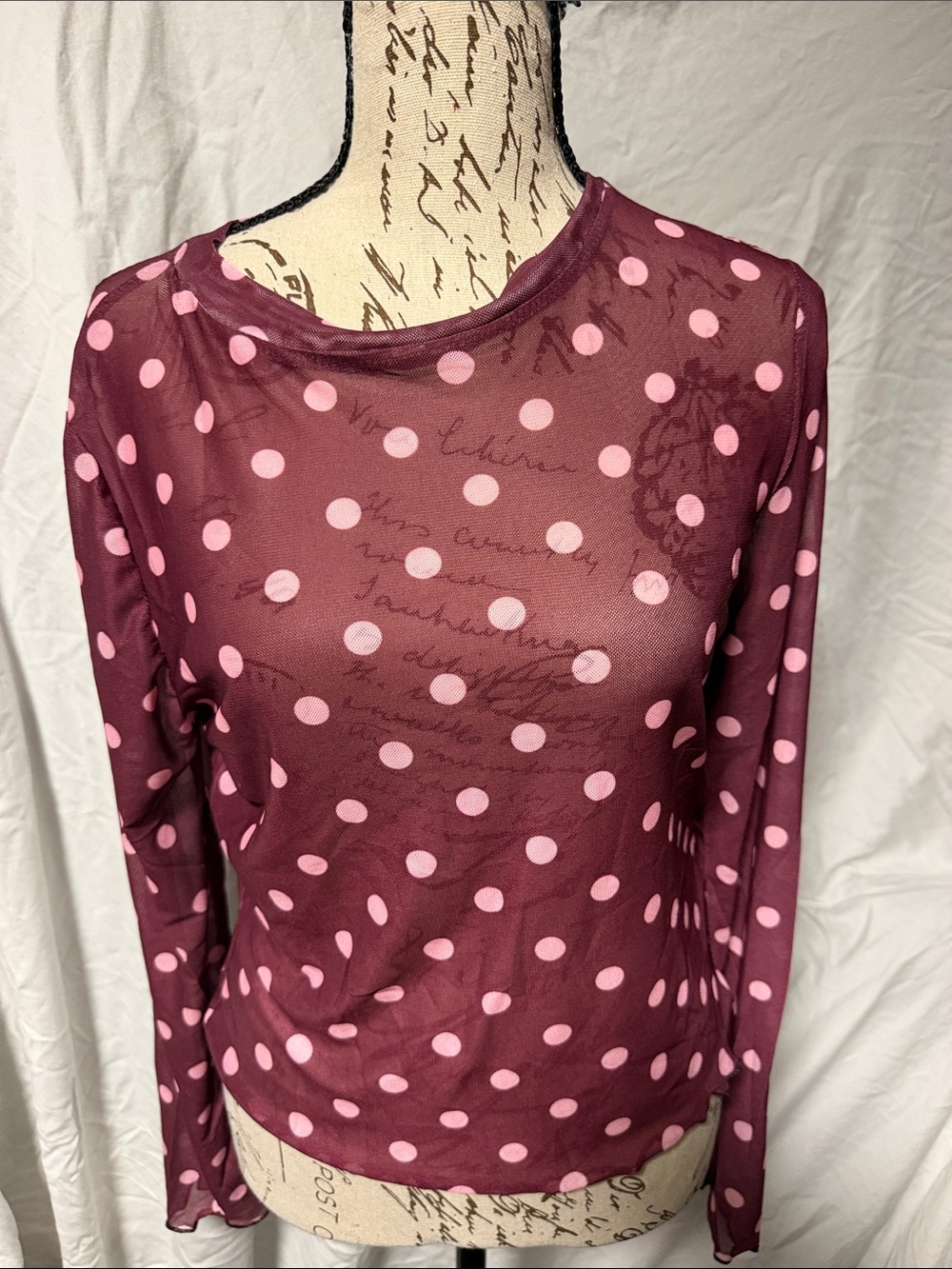 Burgundy Pink Polka Dot Sheer Mesh Long Sleeve Top Lettuce Hem